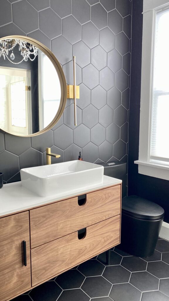 Modern residential bathroom transformation featuring high-quality refinishing services in Monroe, MI by Backwoods Refinishing.